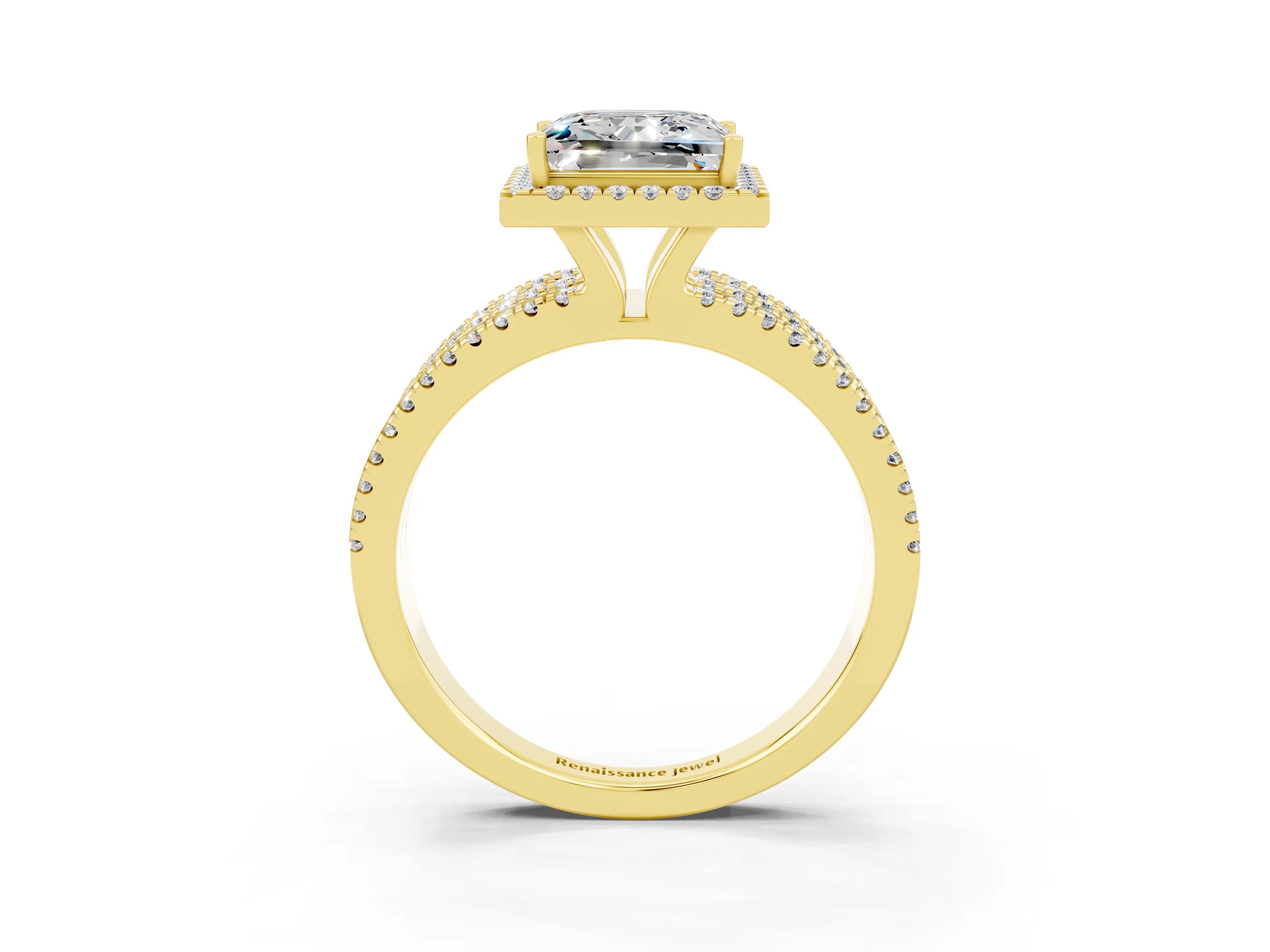 Yellow gold {shape_name} Moissanite Halo Engagement Ring with Split Shank and Four-Prong Setting_3