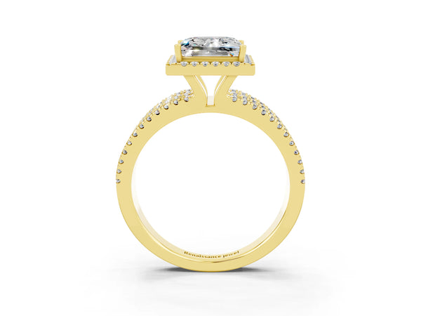 Yellow gold Princess Cut Moissanite Halo Engagement Ring with Split Shank and Four-Prong Setting
