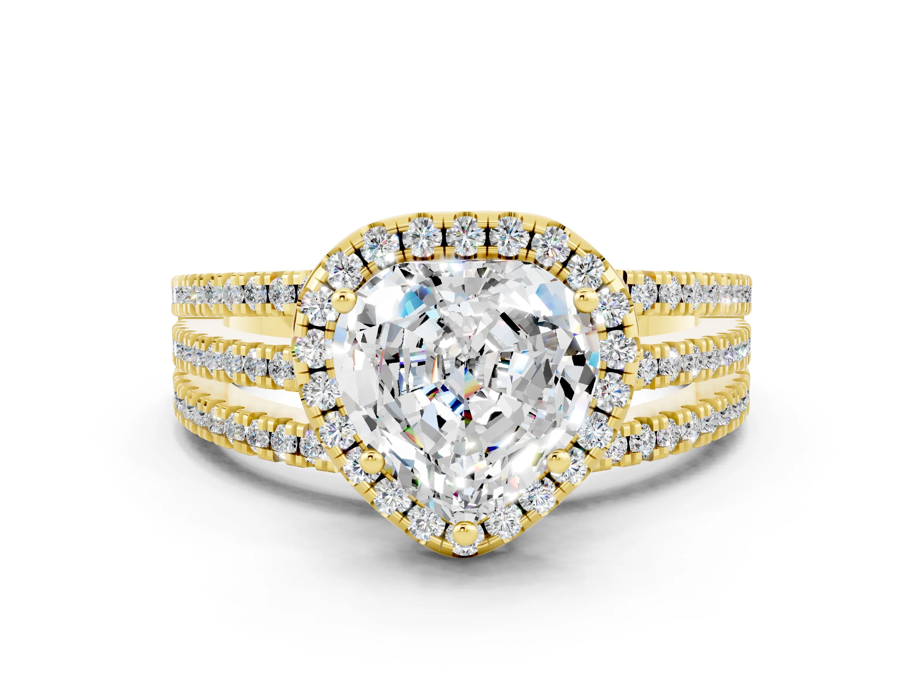 Yellow gold {shape_name} Moissanite Halo Engagement Ring with Split Shank and Four-Prong Setting