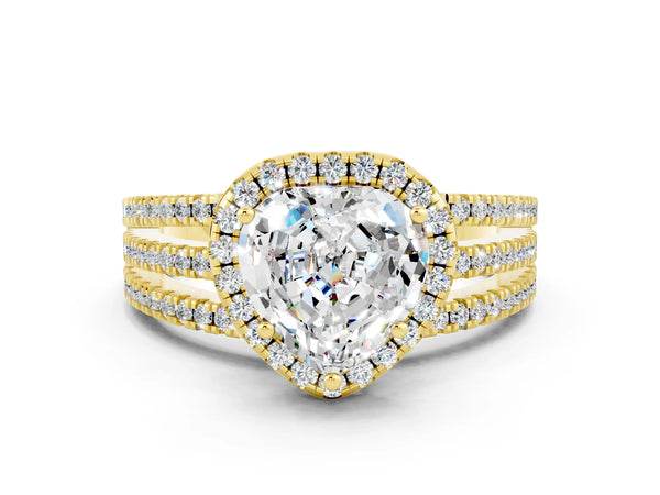Yellow gold Heart Cut Moissanite Halo Engagement Ring with Split Shank and Four-Prong Setting