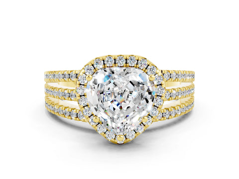 Yellow gold {shape_name} Moissanite Halo Engagement Ring with Split Shank and Four-Prong Setting