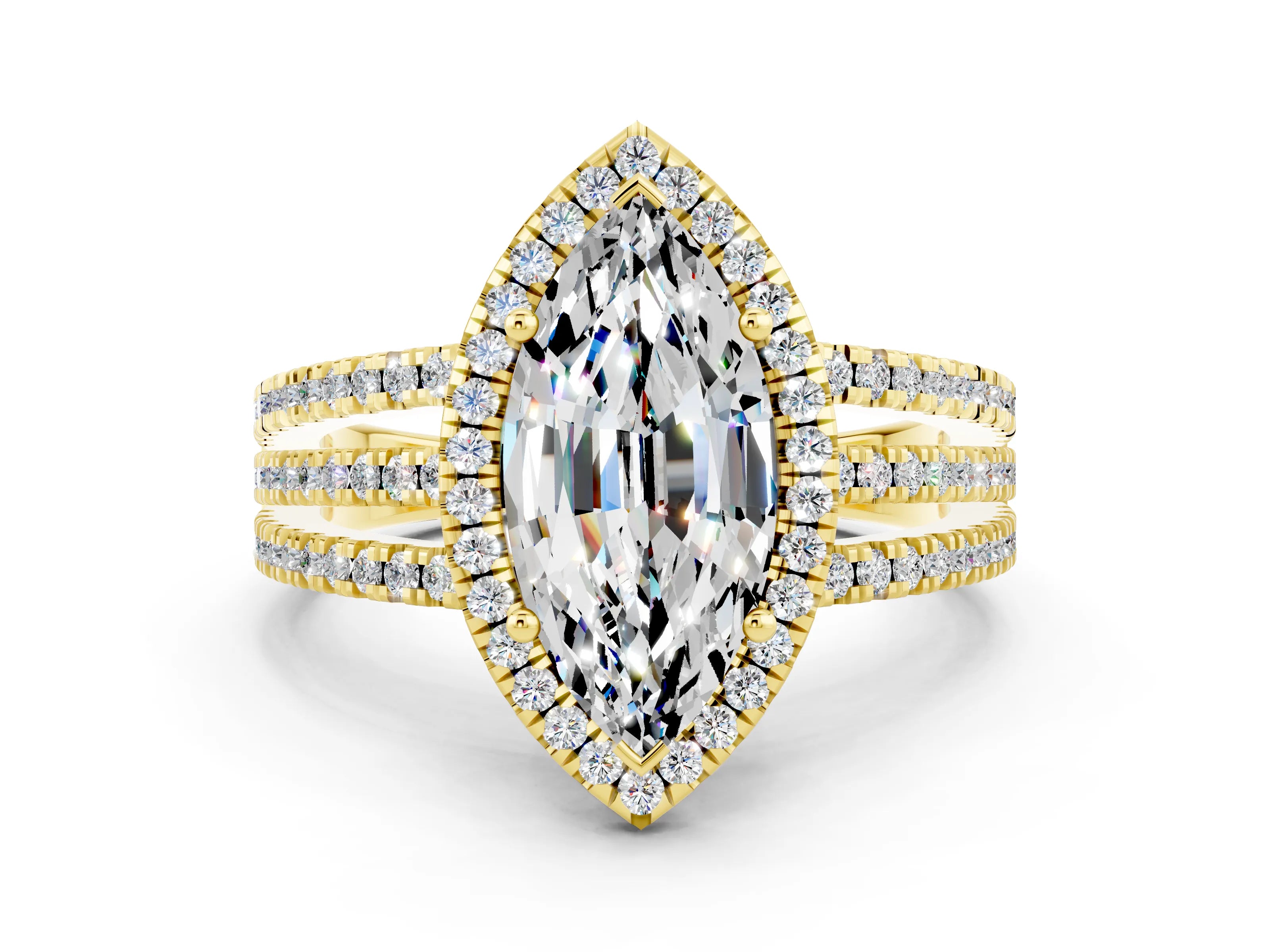 Yellow gold {shape_name} Moissanite Halo Engagement Ring with Split Shank and Four-Prong Setting