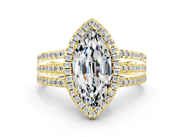 Yellow gold Marquise Cut Moissanite Halo Engagement Ring with Split Shank and Four-Prong Setting