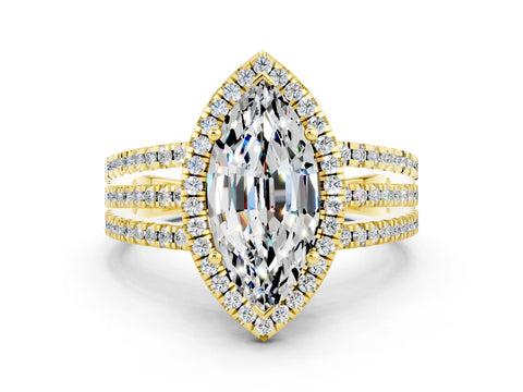 Yellow gold {shape_name} Moissanite Halo Engagement Ring with Split Shank and Four-Prong Setting