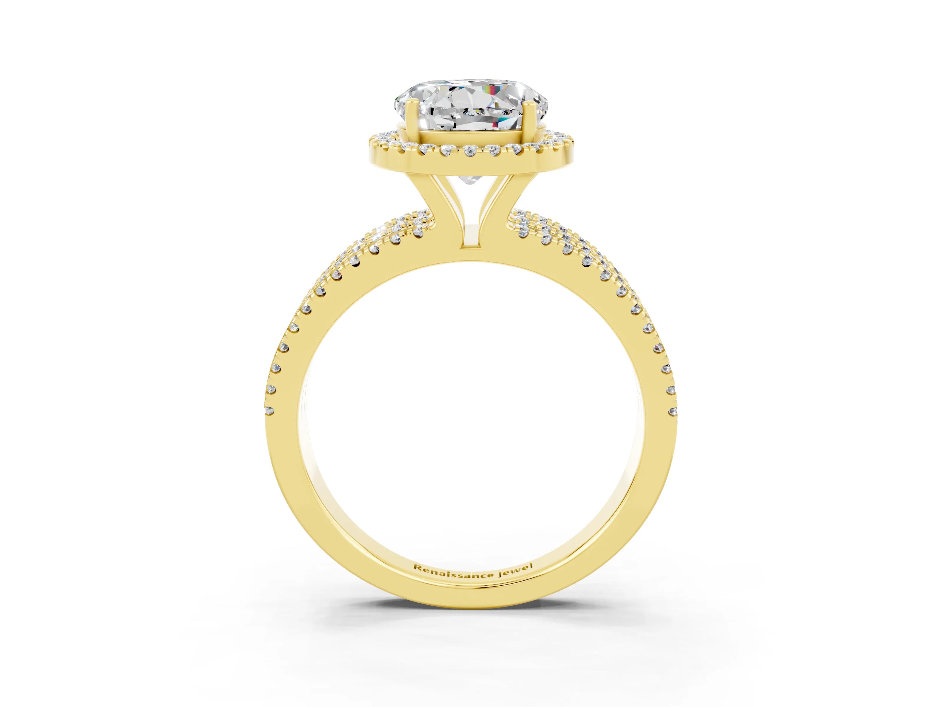 Yellow gold {shape_name} Moissanite Halo Engagement Ring with Split Shank and Four-Prong Setting_3