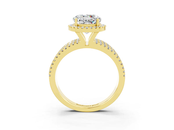Yellow gold Round Cut Moissanite Halo Engagement Ring with Split Shank and Four-Prong Setting