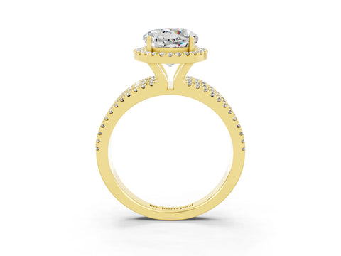Yellow gold {shape_name} Moissanite Halo Engagement Ring with Split Shank and Four-Prong Setting_3