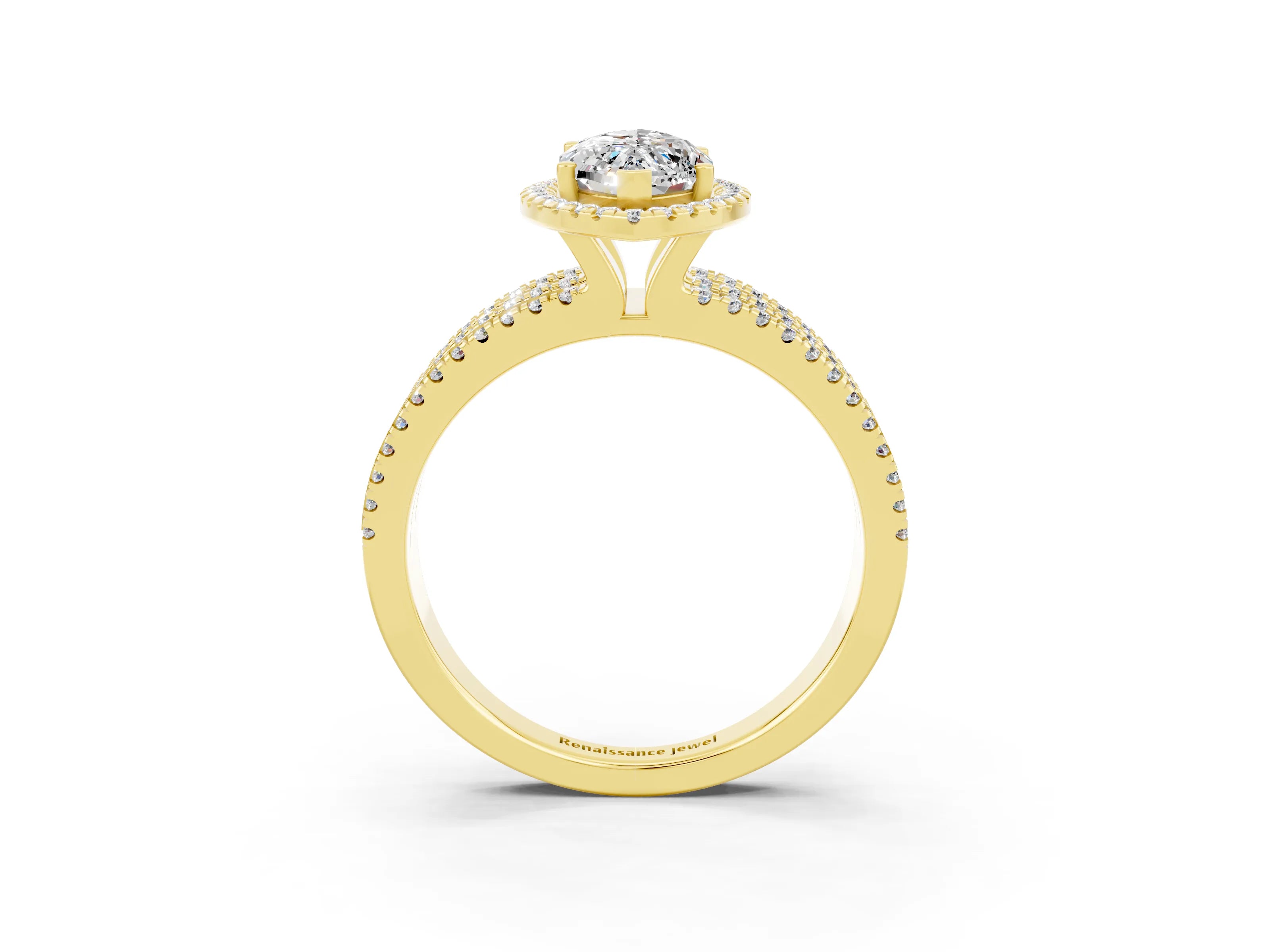 Yellow gold {shape_name} Moissanite Halo Engagement Ring with Split Shank and Four-Prong Setting_3