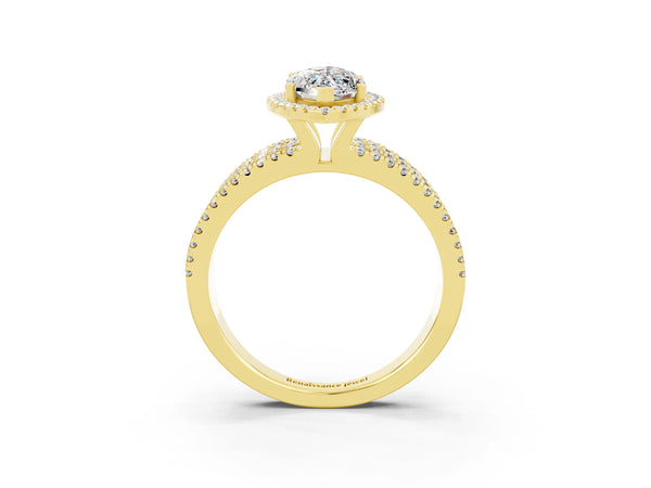 Yellow gold Marquise Cut Moissanite Halo Engagement Ring with Split Shank and Four-Prong Setting
