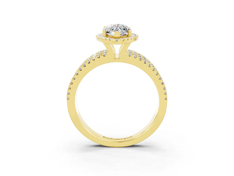 Yellow gold {shape_name} Moissanite Halo Engagement Ring with Split Shank and Four-Prong Setting_3