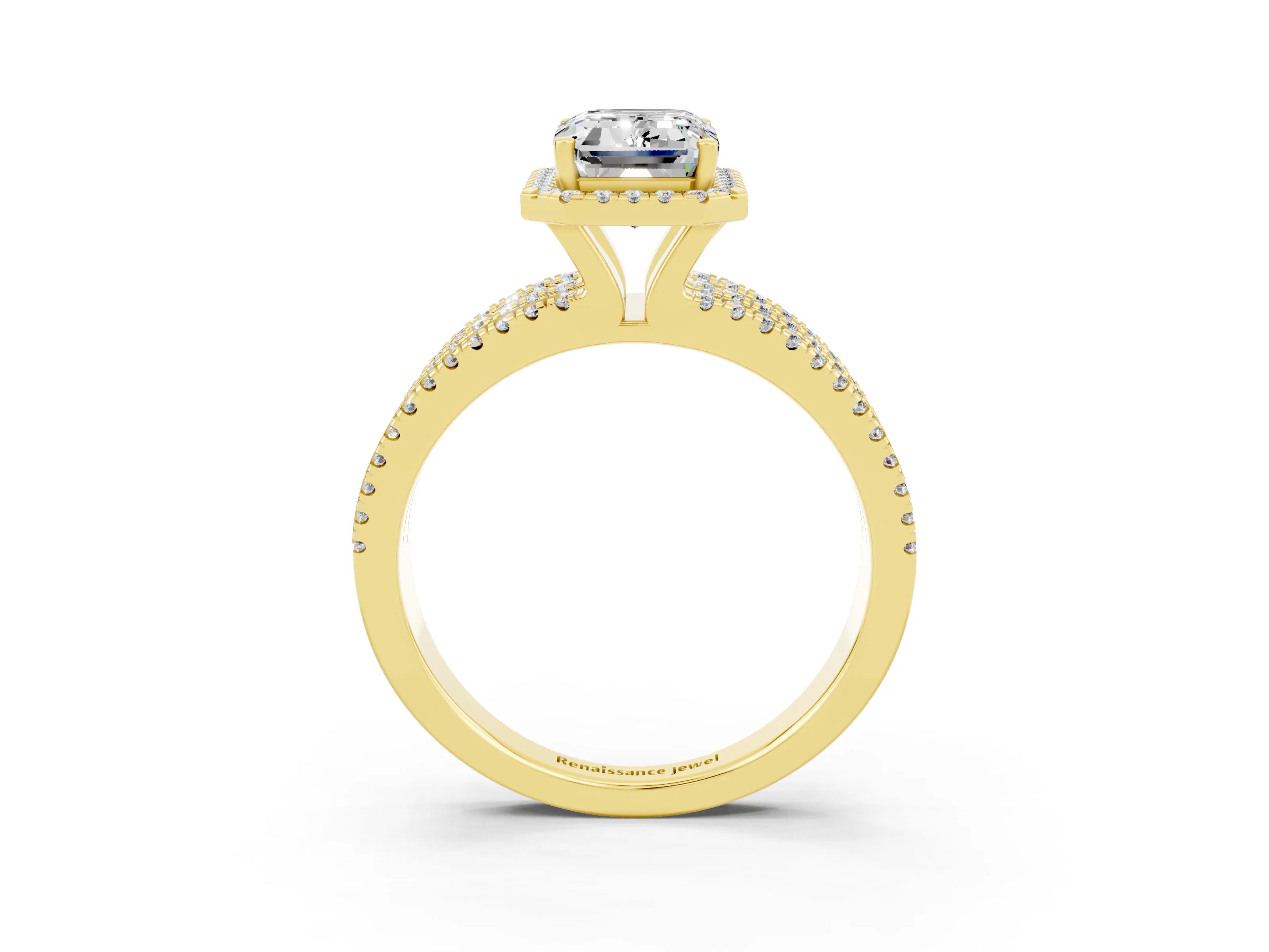 Yellow gold {shape_name} Moissanite Halo Engagement Ring with Split Shank and Four-Prong Setting_3