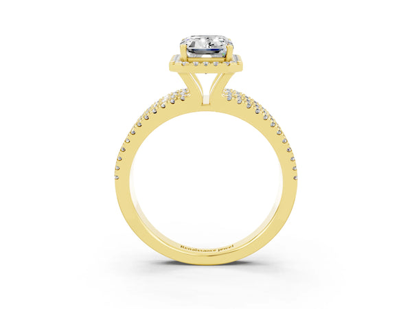 Yellow gold Emerald Cut Moissanite Halo Engagement Ring with Split Shank and Four-Prong Setting