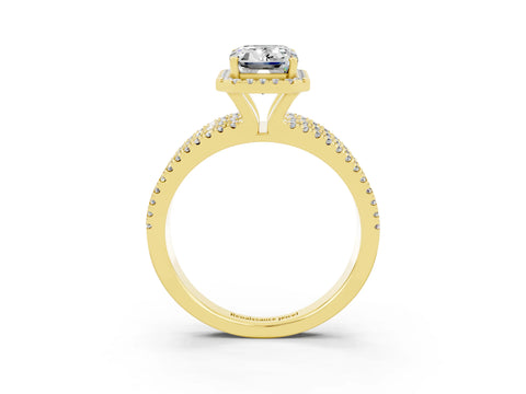 Yellow gold {shape_name} Moissanite Halo Engagement Ring with Split Shank and Four-Prong Setting_3