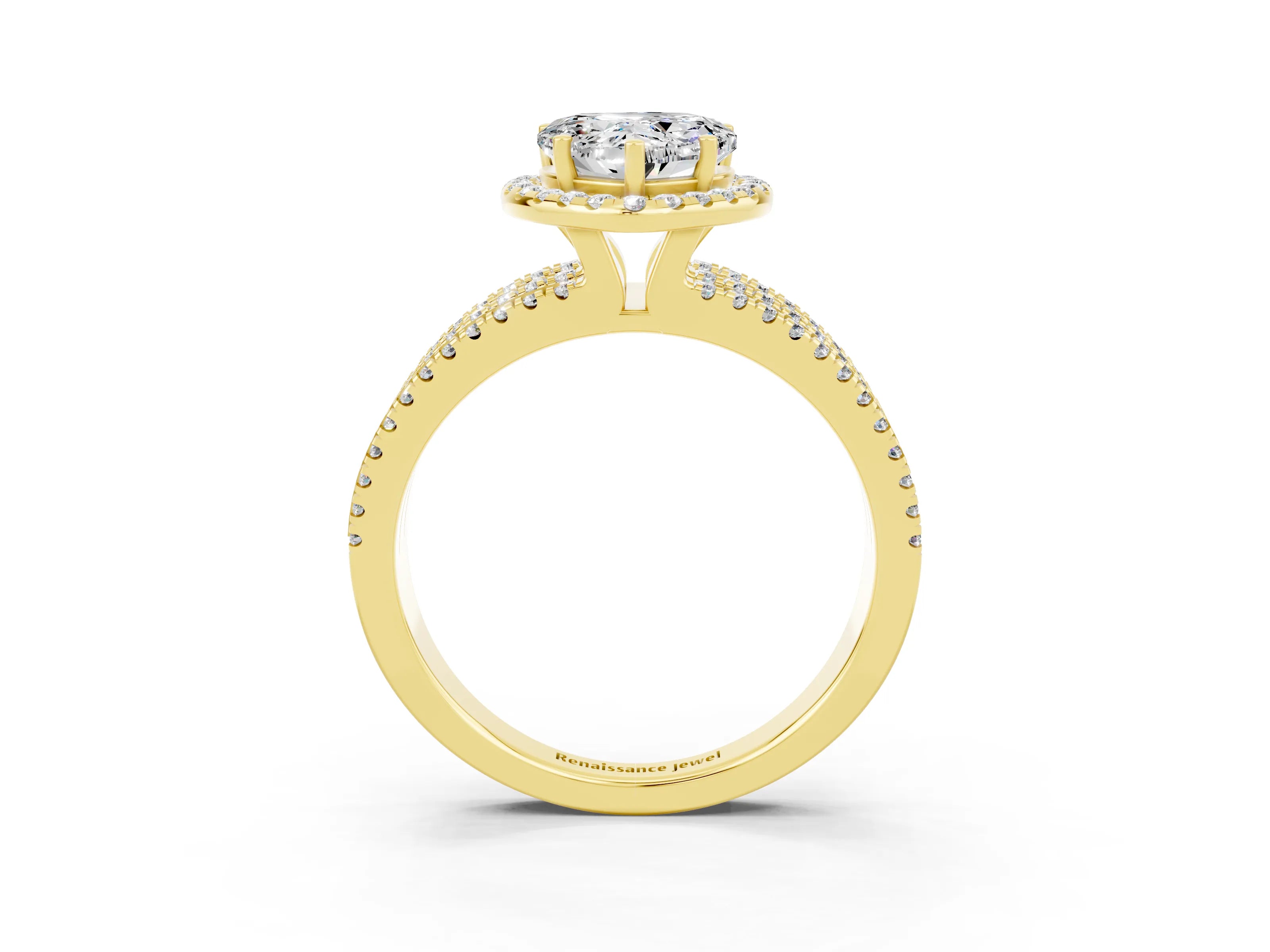 Yellow gold {shape_name} Moissanite Halo Engagement Ring with Split Shank and Four-Prong Setting_3
