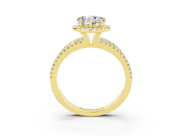 Yellow gold Heart Cut Moissanite Halo Engagement Ring with Split Shank and Four-Prong Setting
