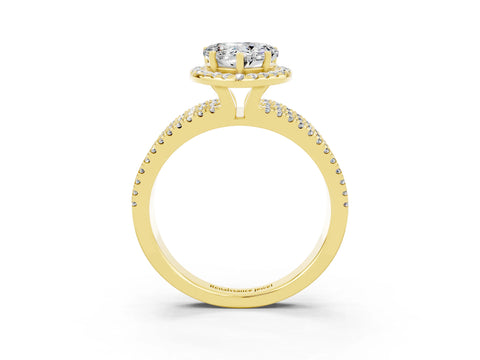 Yellow gold {shape_name} Moissanite Halo Engagement Ring with Split Shank and Four-Prong Setting_3