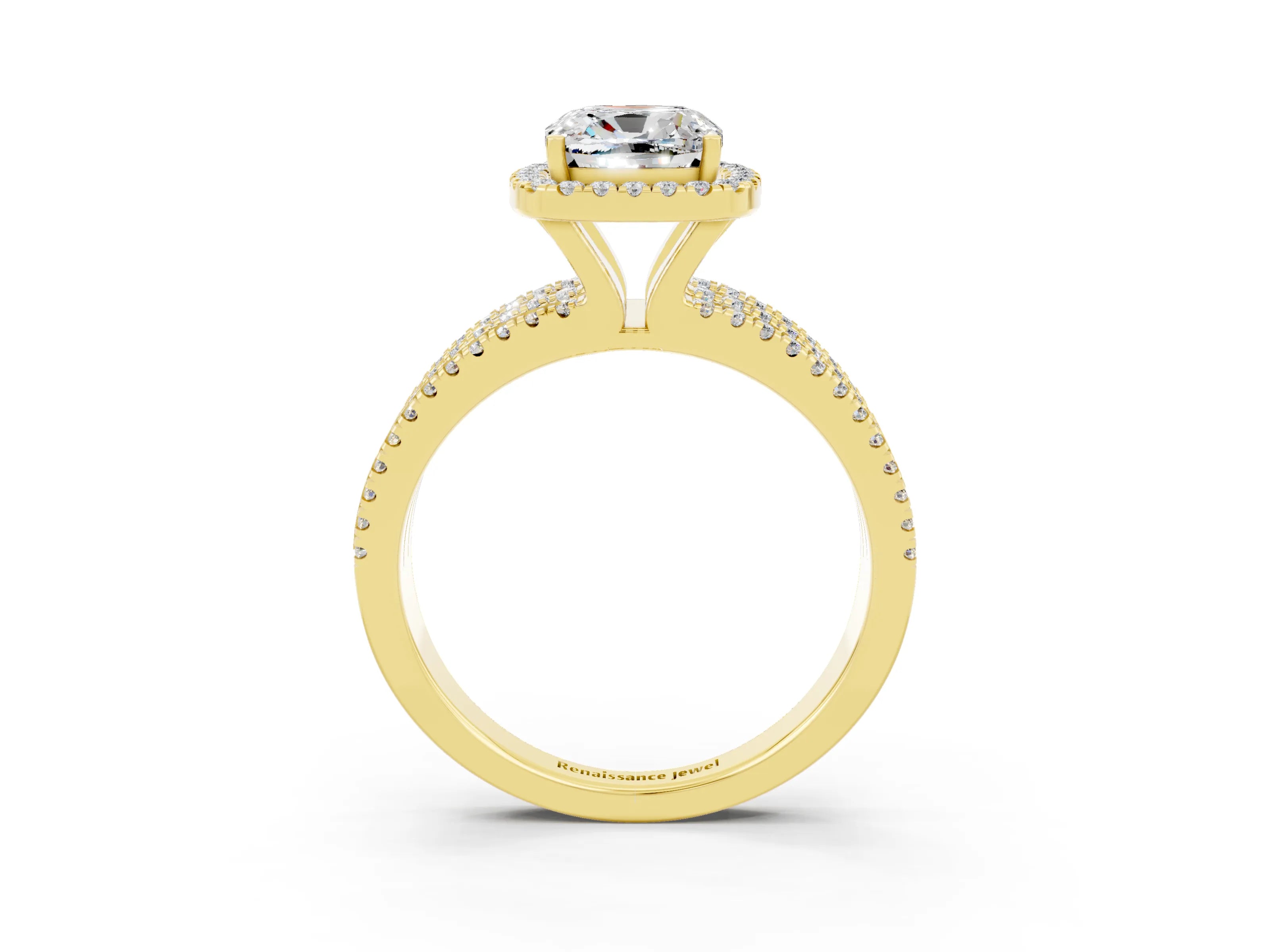 Yellow gold {shape_name} Moissanite Halo Engagement Ring with Split Shank and Four-Prong Setting_3