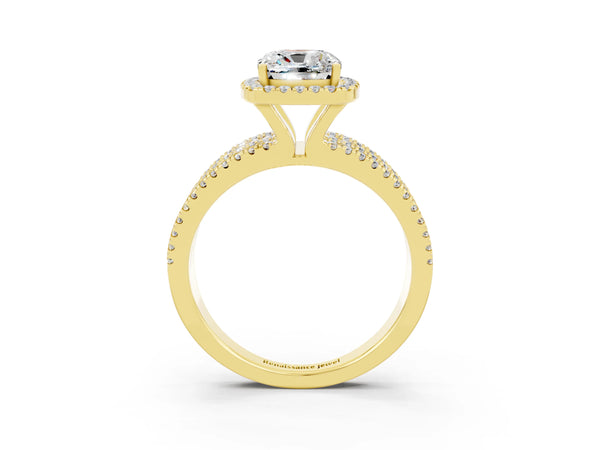 Yellow gold Cushion Cut Moissanite Halo Engagement Ring with Split Shank and Four-Prong Setting