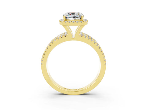 Yellow gold {shape_name} Moissanite Halo Engagement Ring with Split Shank and Four-Prong Setting_3