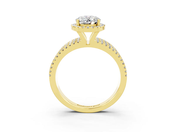 Yellow gold Oval Cut Moissanite Halo Engagement Ring with Split Shank and Four-Prong Setting