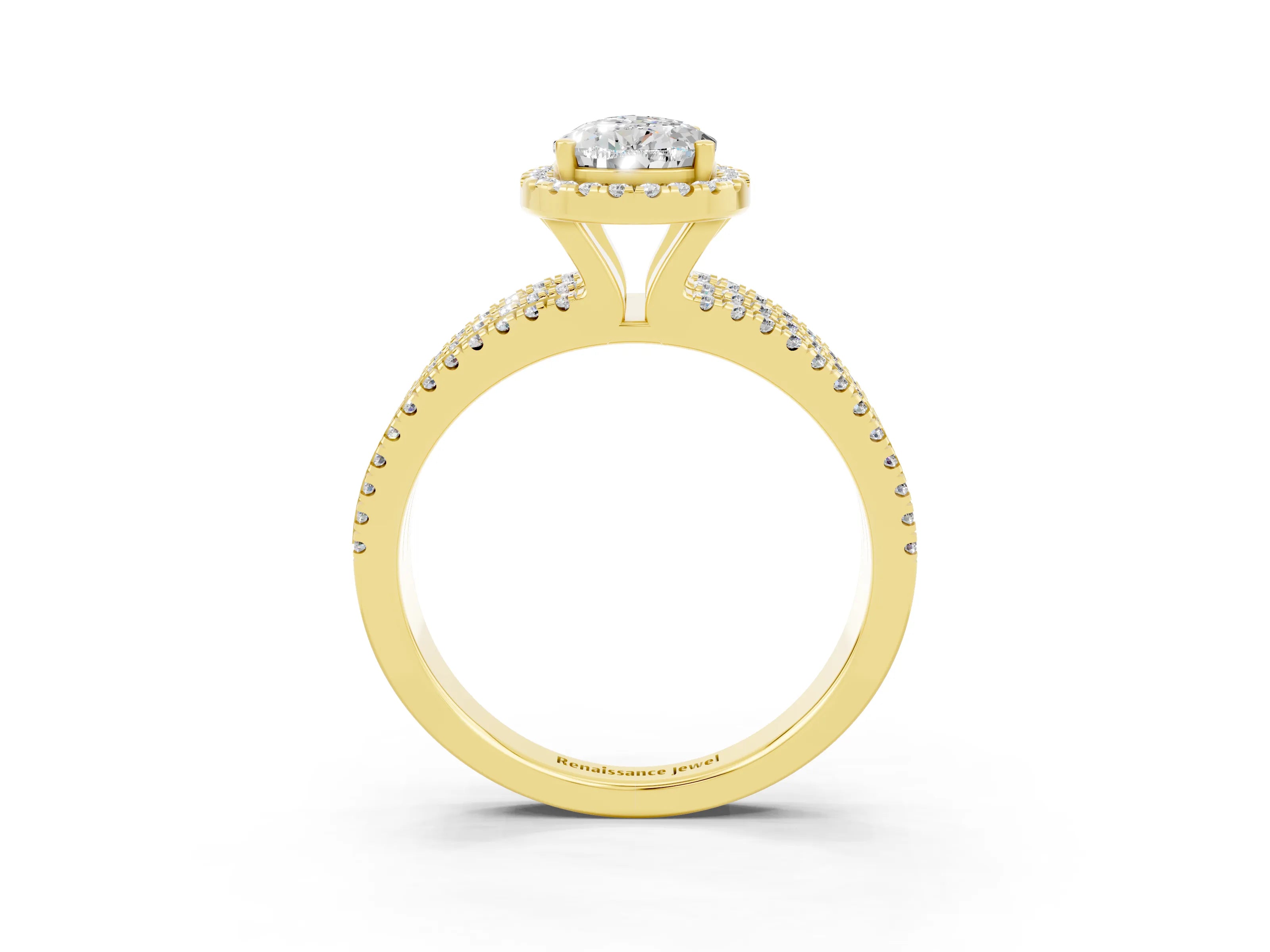 Yellow gold {shape_name} Moissanite Halo Engagement Ring with Split Shank and Four-Prong Setting_3