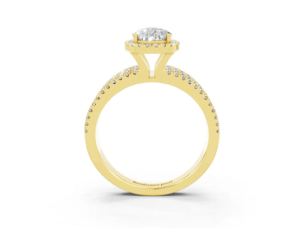 Yellow gold Pear Cut Moissanite Halo Engagement Ring with Split Shank and Four-Prong Setting