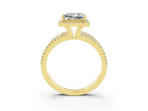 Yellow gold {shape_name} Moissanite Halo Engagement Ring with Split Shank and Four-Prong Setting_3