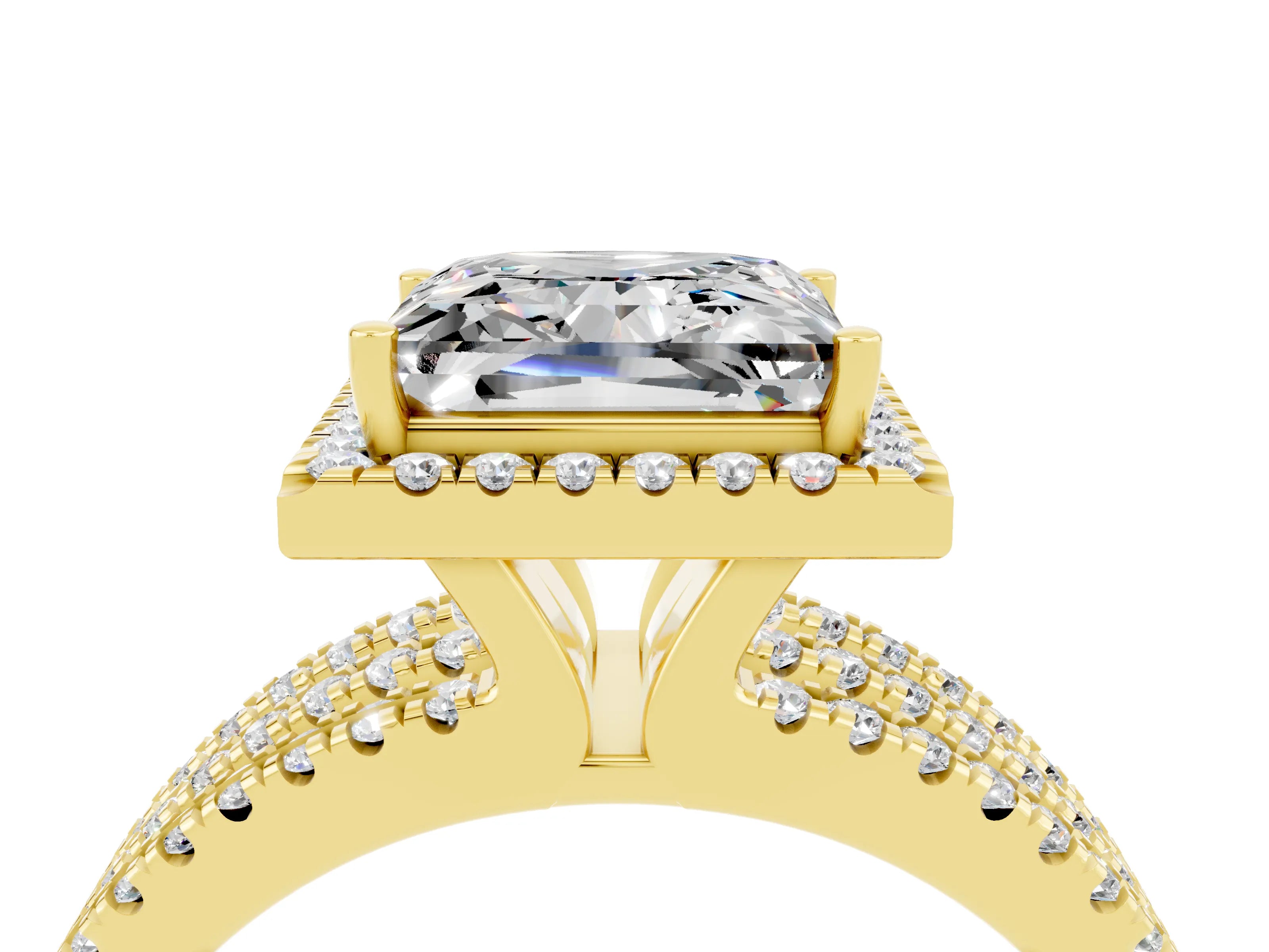Yellow gold {shape_name} Moissanite Halo Engagement Ring with Split Shank and Four-Prong Setting_4