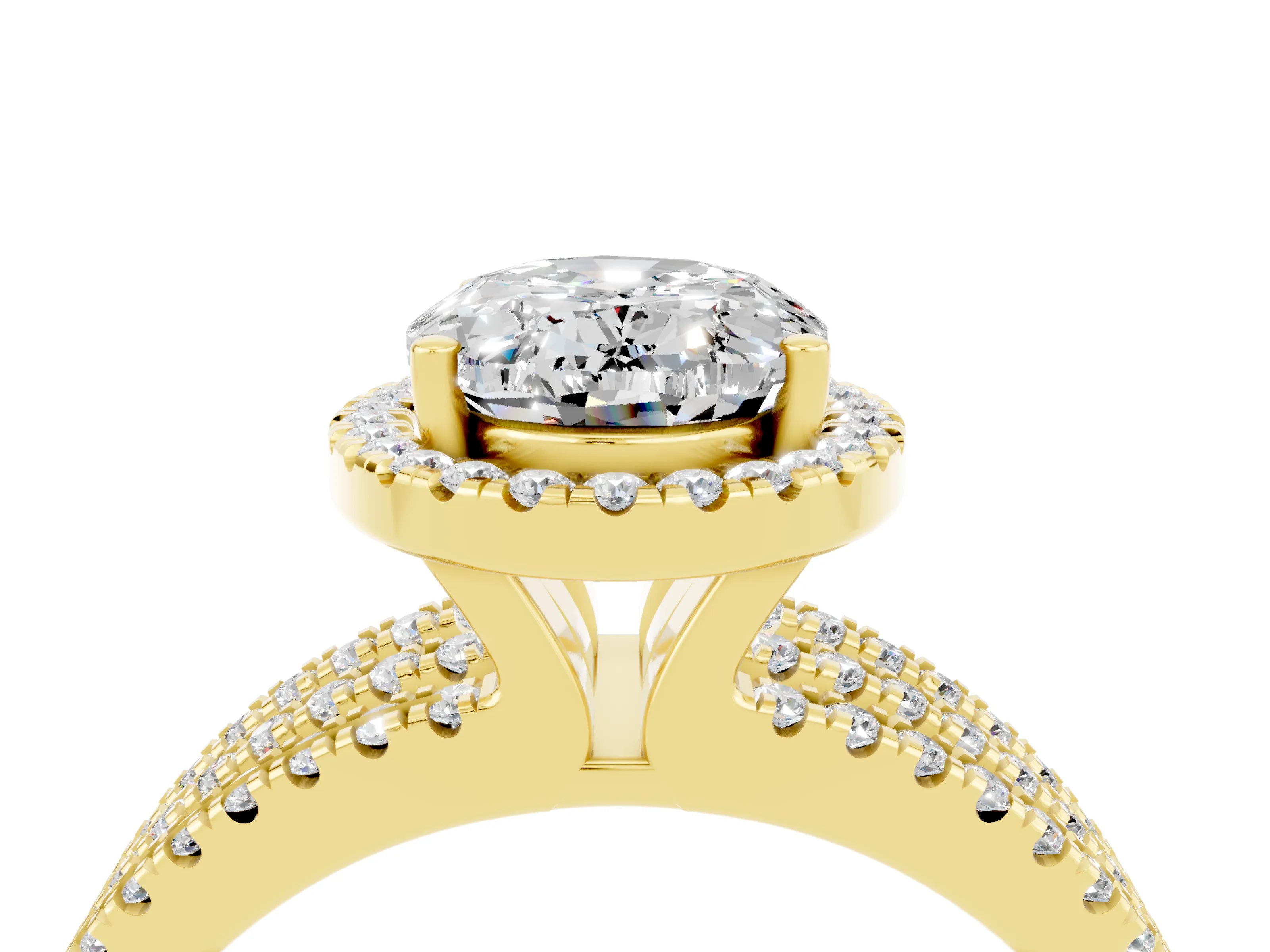 Yellow gold {shape_name} Moissanite Halo Engagement Ring with Split Shank and Four-Prong Setting_4