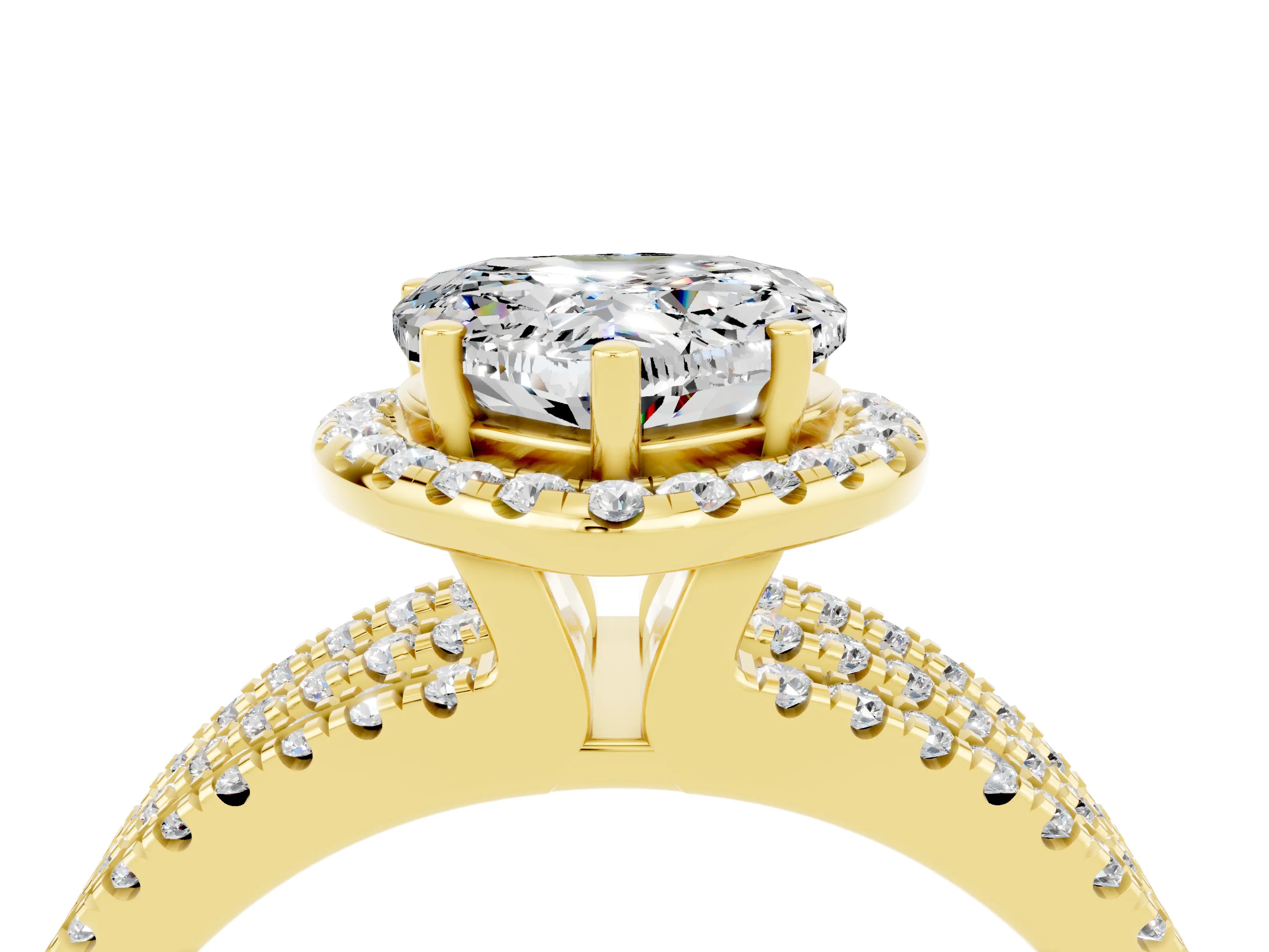 Yellow gold {shape_name} Moissanite Halo Engagement Ring with Split Shank and Four-Prong Setting_4