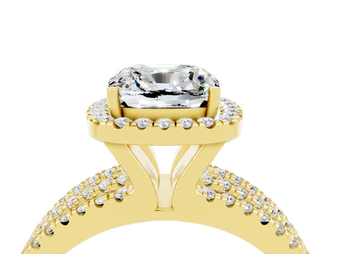 Yellow gold {shape_name} Moissanite Halo Engagement Ring with Split Shank and Four-Prong Setting_4