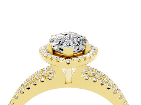 Yellow gold {shape_name} Moissanite Halo Engagement Ring with Split Shank and Four-Prong Setting_4