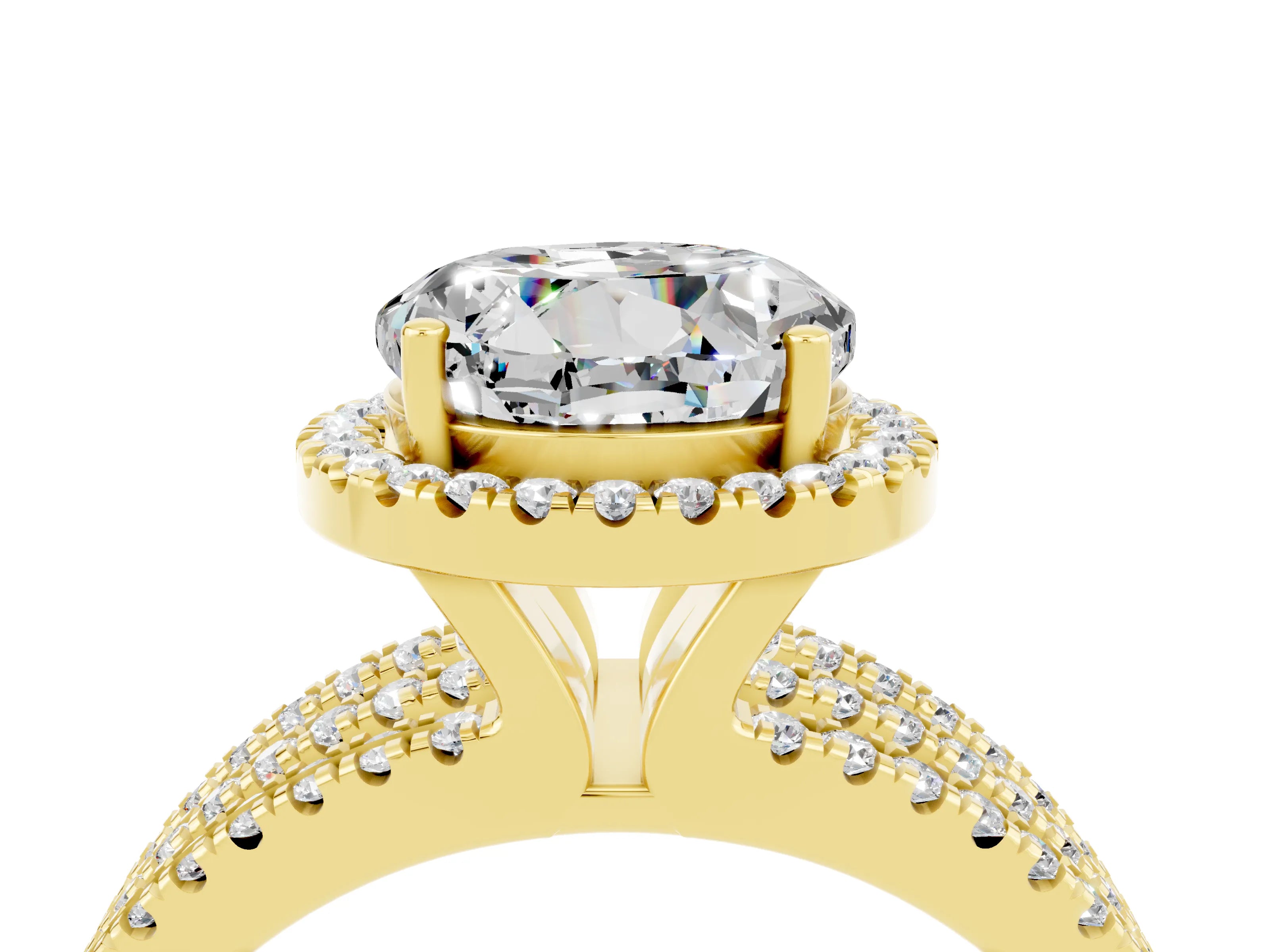 Yellow gold {shape_name} Moissanite Halo Engagement Ring with Split Shank and Four-Prong Setting_4