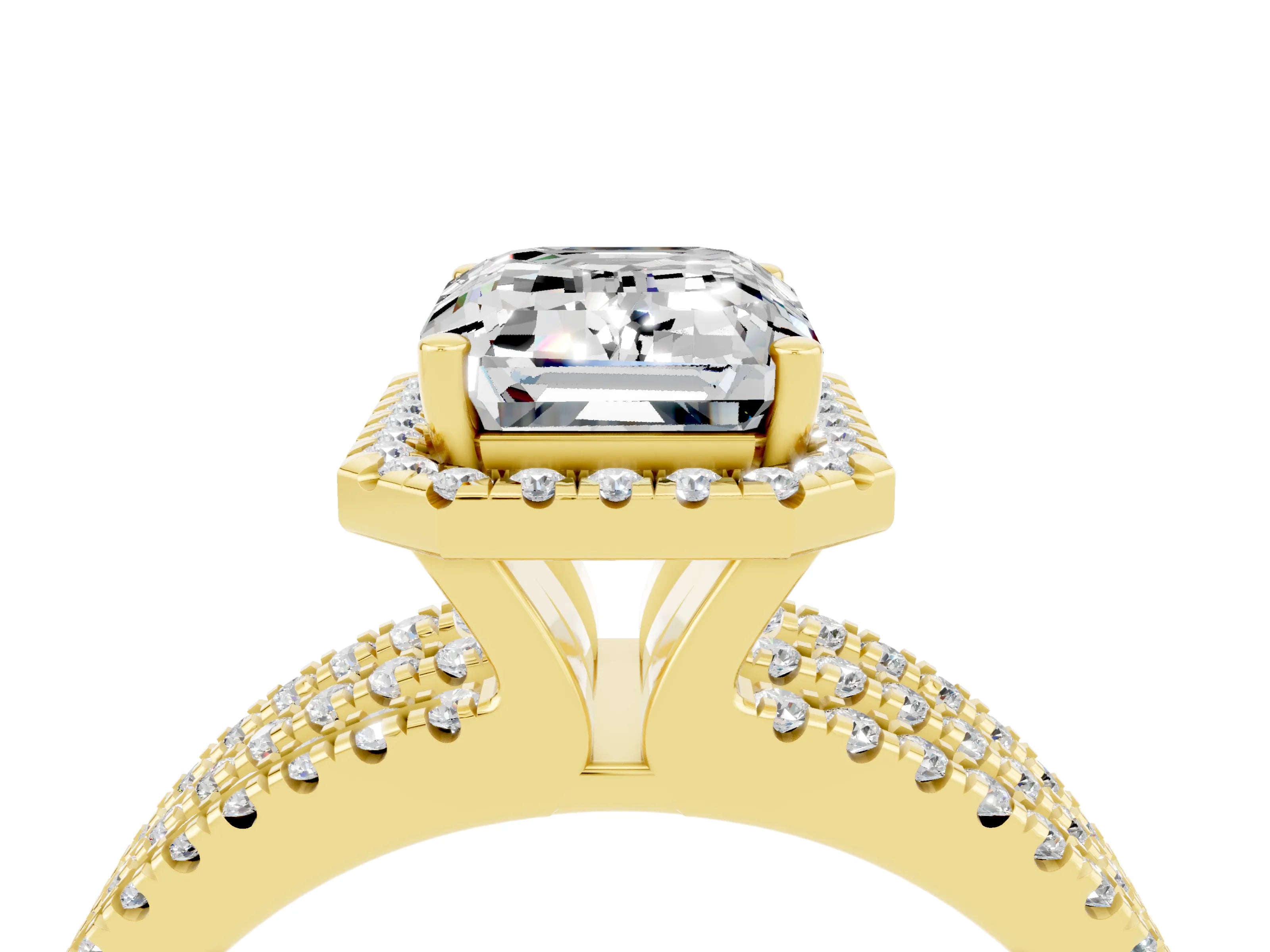 Yellow gold {shape_name} Moissanite Halo Engagement Ring with Split Shank and Four-Prong Setting_4