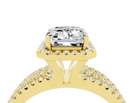 Yellow gold {shape_name} Moissanite Halo Engagement Ring with Split Shank and Four-Prong Setting_4