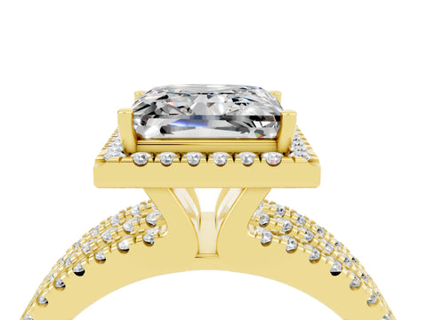 Yellow gold {shape_name} Moissanite Halo Engagement Ring with Split Shank and Four-Prong Setting_4