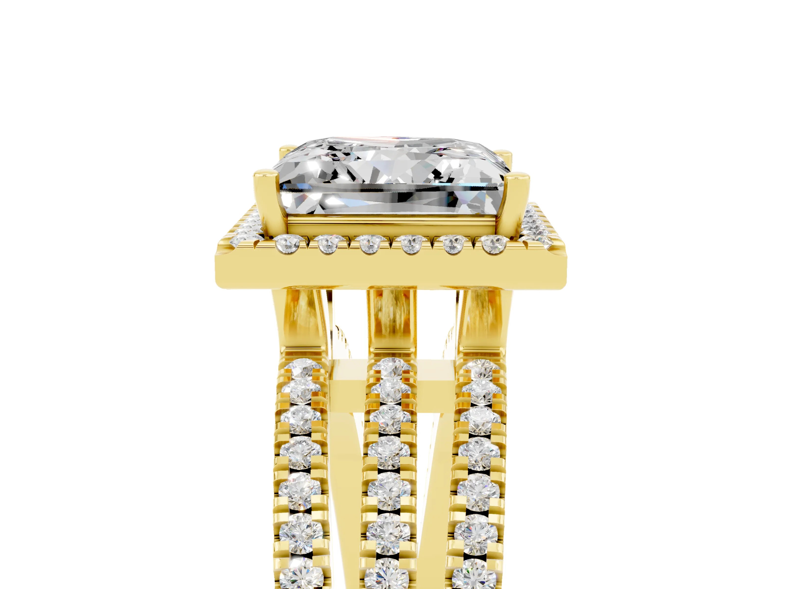 Yellow gold {shape_name} Moissanite Halo Engagement Ring with Split Shank and Four-Prong Setting_5