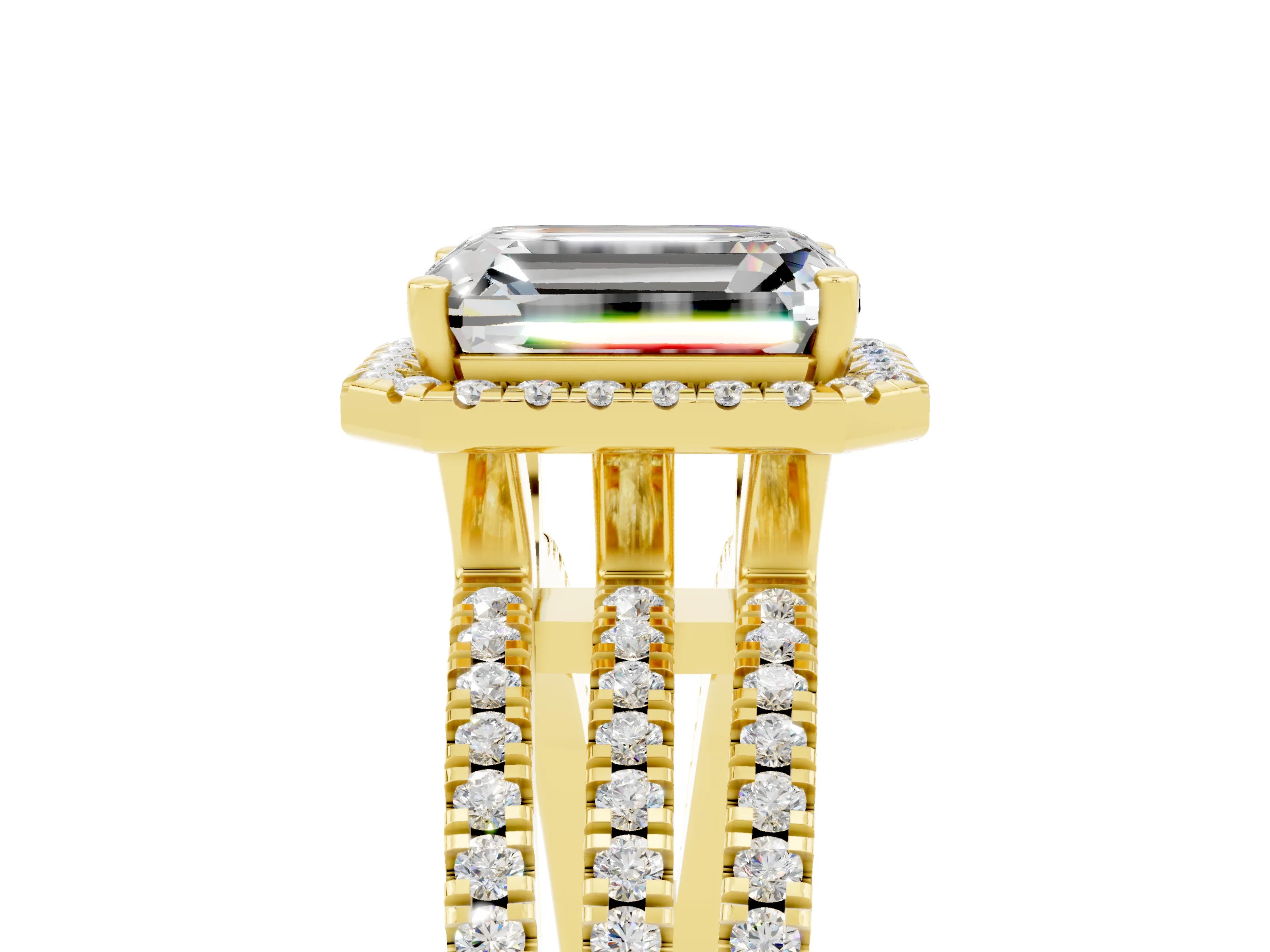 Yellow gold {shape_name} Moissanite Halo Engagement Ring with Split Shank and Four-Prong Setting_5