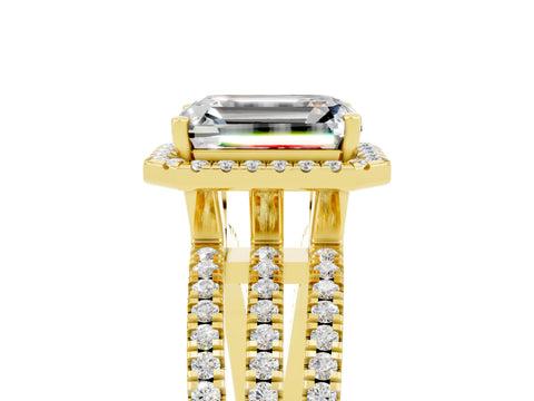 Yellow gold {shape_name} Moissanite Halo Engagement Ring with Split Shank and Four-Prong Setting_5