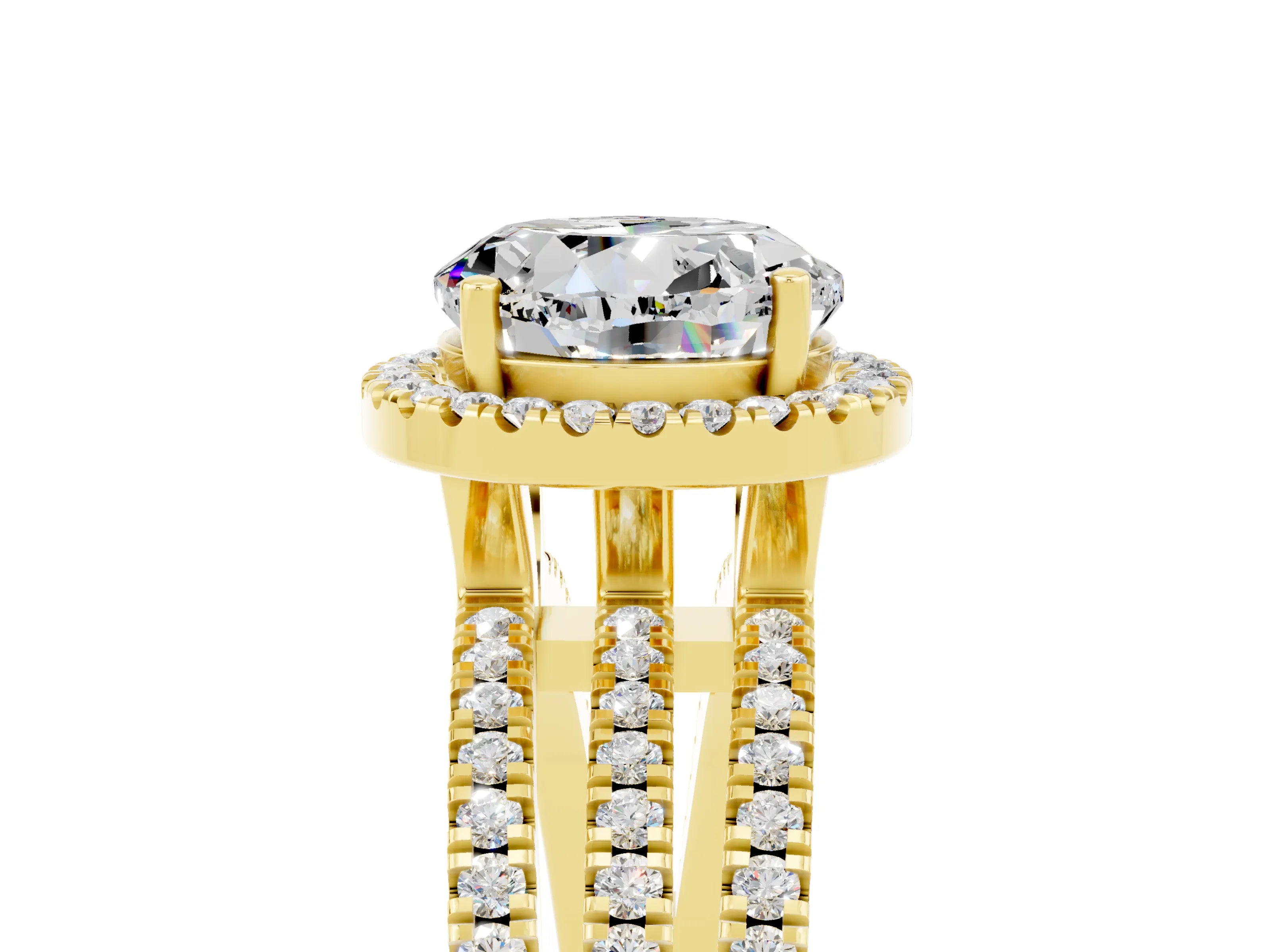 Yellow gold {shape_name} Moissanite Halo Engagement Ring with Split Shank and Four-Prong Setting_5