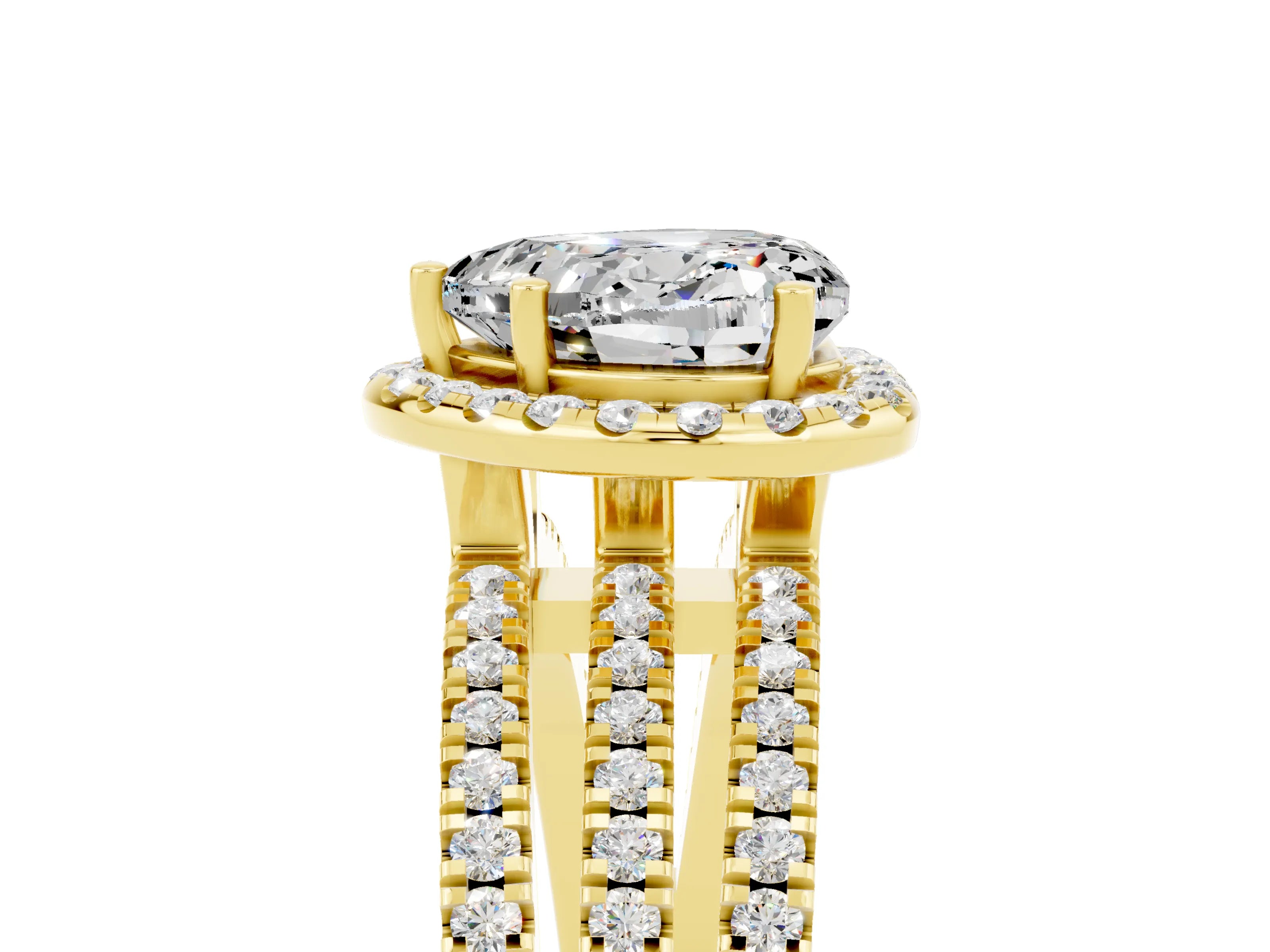 Yellow gold {shape_name} Moissanite Halo Engagement Ring with Split Shank and Four-Prong Setting_5