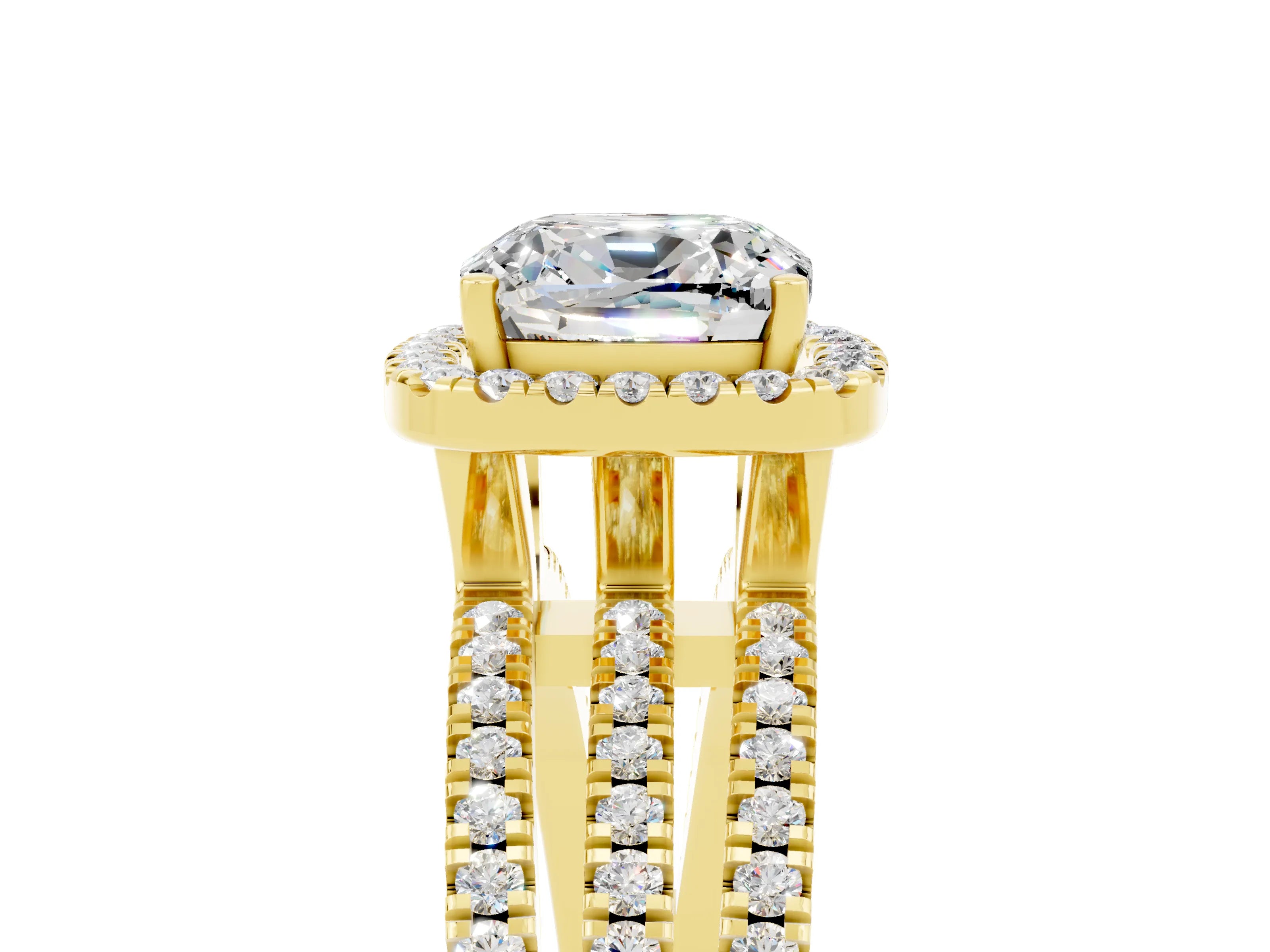 Yellow gold {shape_name} Moissanite Halo Engagement Ring with Split Shank and Four-Prong Setting_5