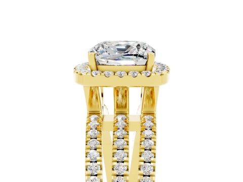 Yellow gold {shape_name} Moissanite Halo Engagement Ring with Split Shank and Four-Prong Setting_5