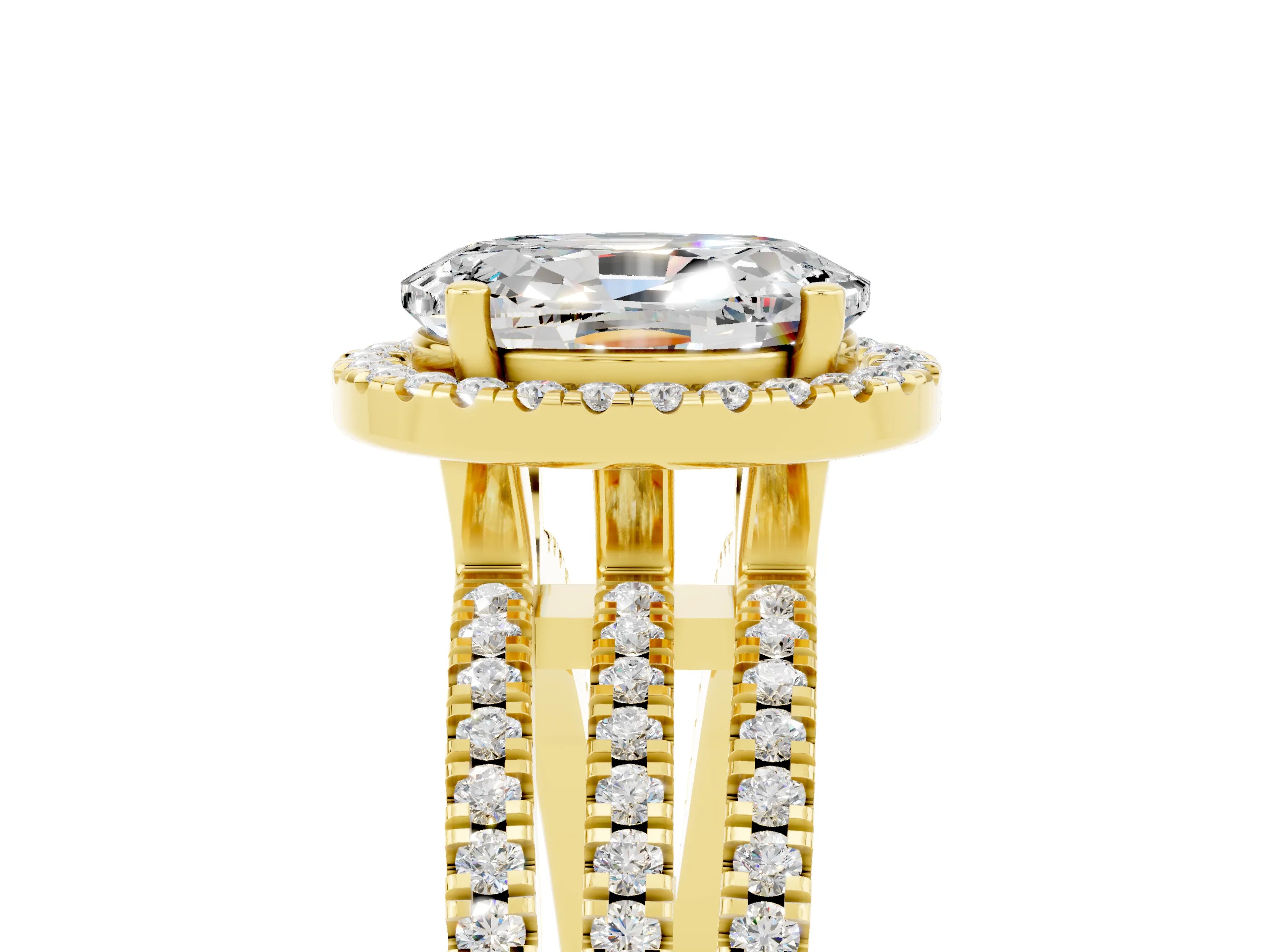 Yellow gold {shape_name} Moissanite Halo Engagement Ring with Split Shank and Four-Prong Setting_5