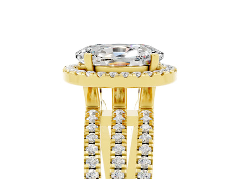 Yellow gold {shape_name} Moissanite Halo Engagement Ring with Split Shank and Four-Prong Setting_5