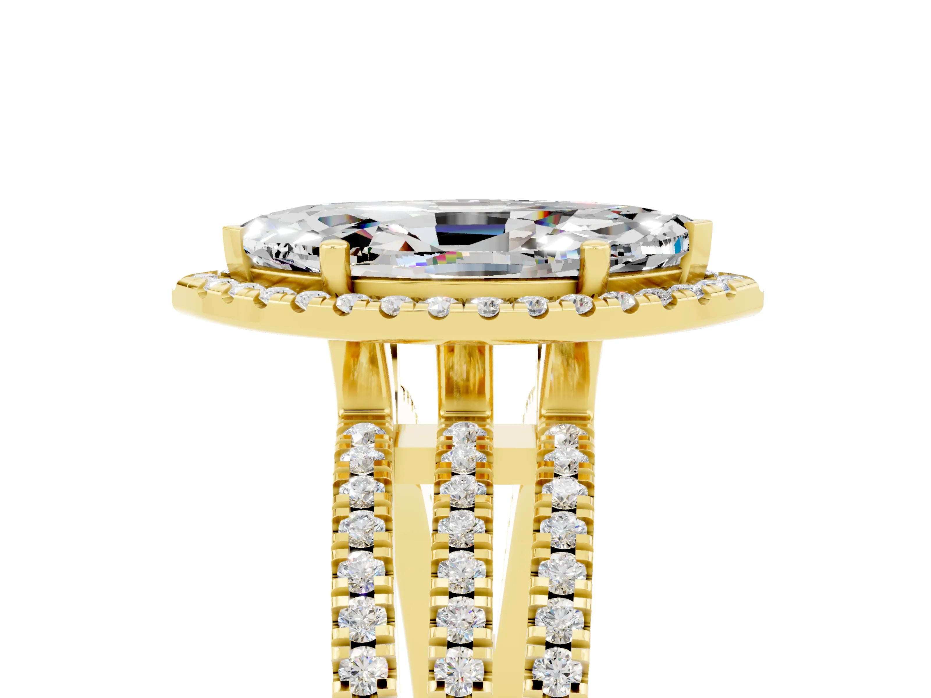 Yellow gold {shape_name} Moissanite Halo Engagement Ring with Split Shank and Four-Prong Setting_5