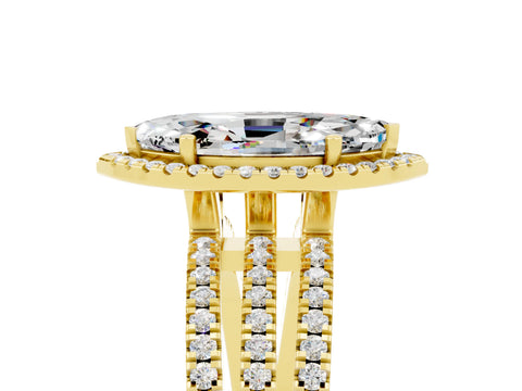 Yellow gold {shape_name} Moissanite Halo Engagement Ring with Split Shank and Four-Prong Setting_5
