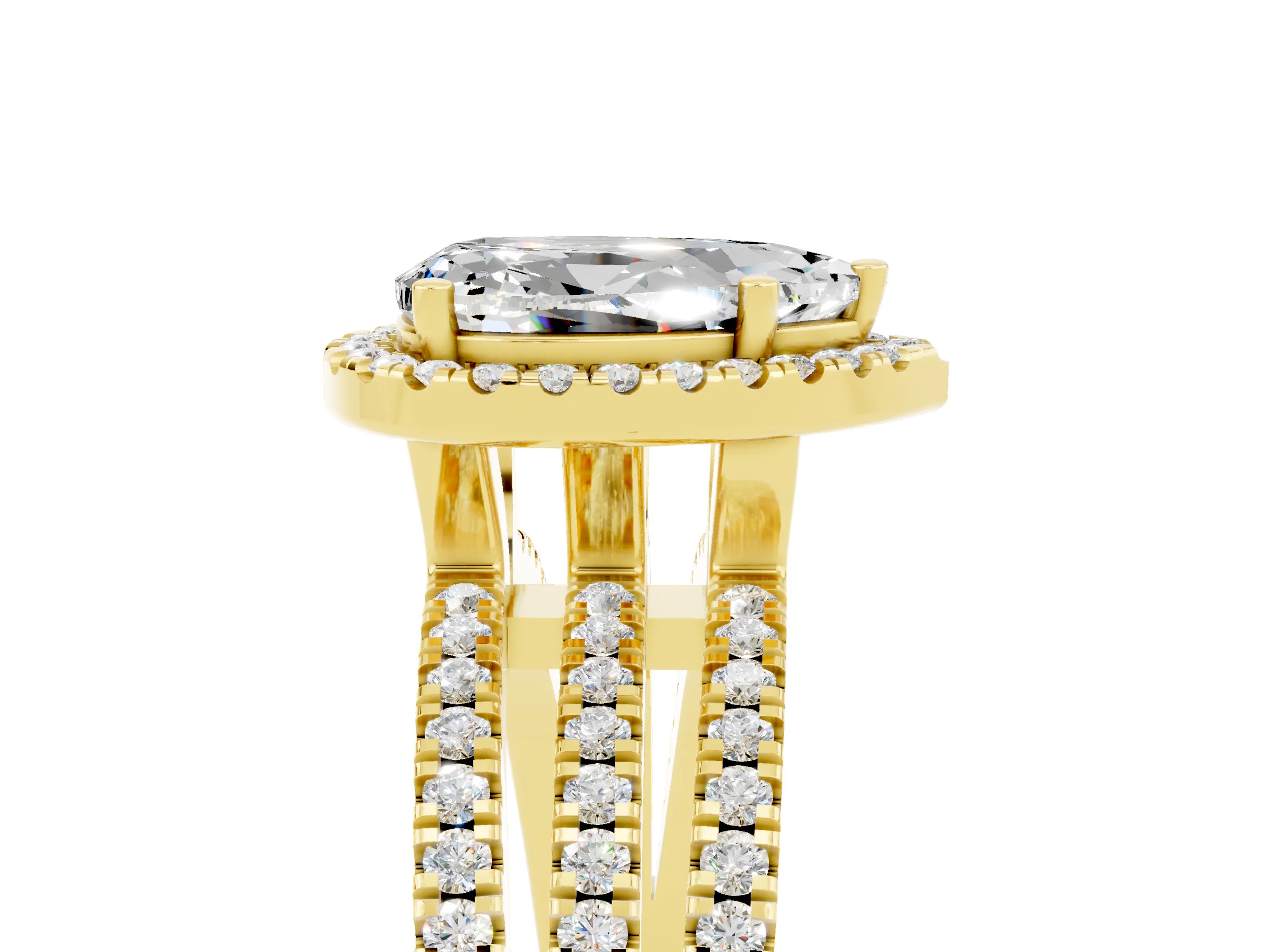 Yellow gold {shape_name} Moissanite Halo Engagement Ring with Split Shank and Four-Prong Setting_5