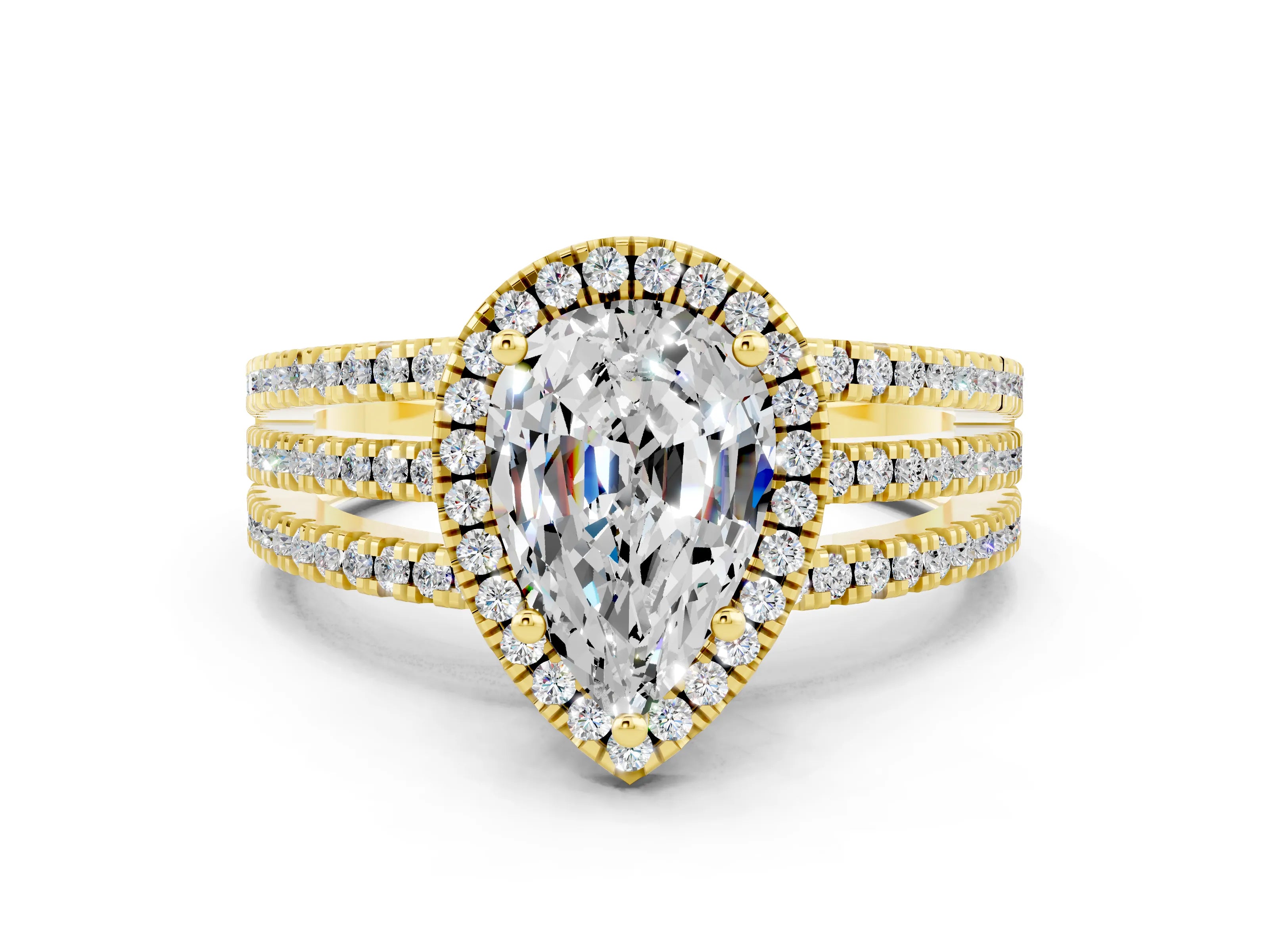 Yellow gold {shape_name} Moissanite Halo Engagement Ring with Split Shank and Four-Prong Setting