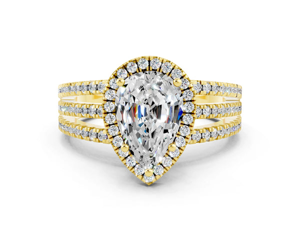 Yellow gold Pear Cut Moissanite Halo Engagement Ring with Split Shank and Four-Prong Setting